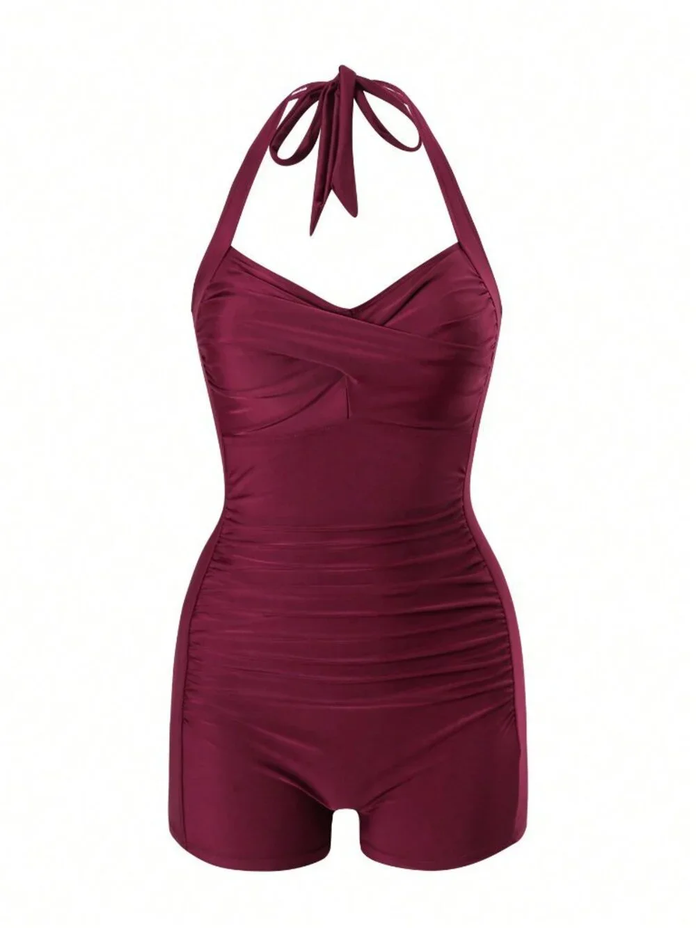 Burgundy Casual Women's Halter Neck Tie Strap One-Piece Swimsuit